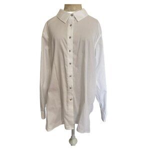 Calvin Klein Womens White Button Up Shirt 1X Roll Tab Sleeve Hi-Low Hem Preppy